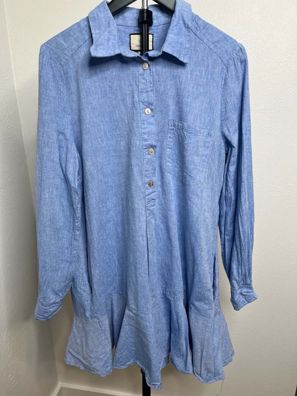 Tuckernuck Dress Blue Cotton Long Sleeve Ruffle Hem Shirt Dress